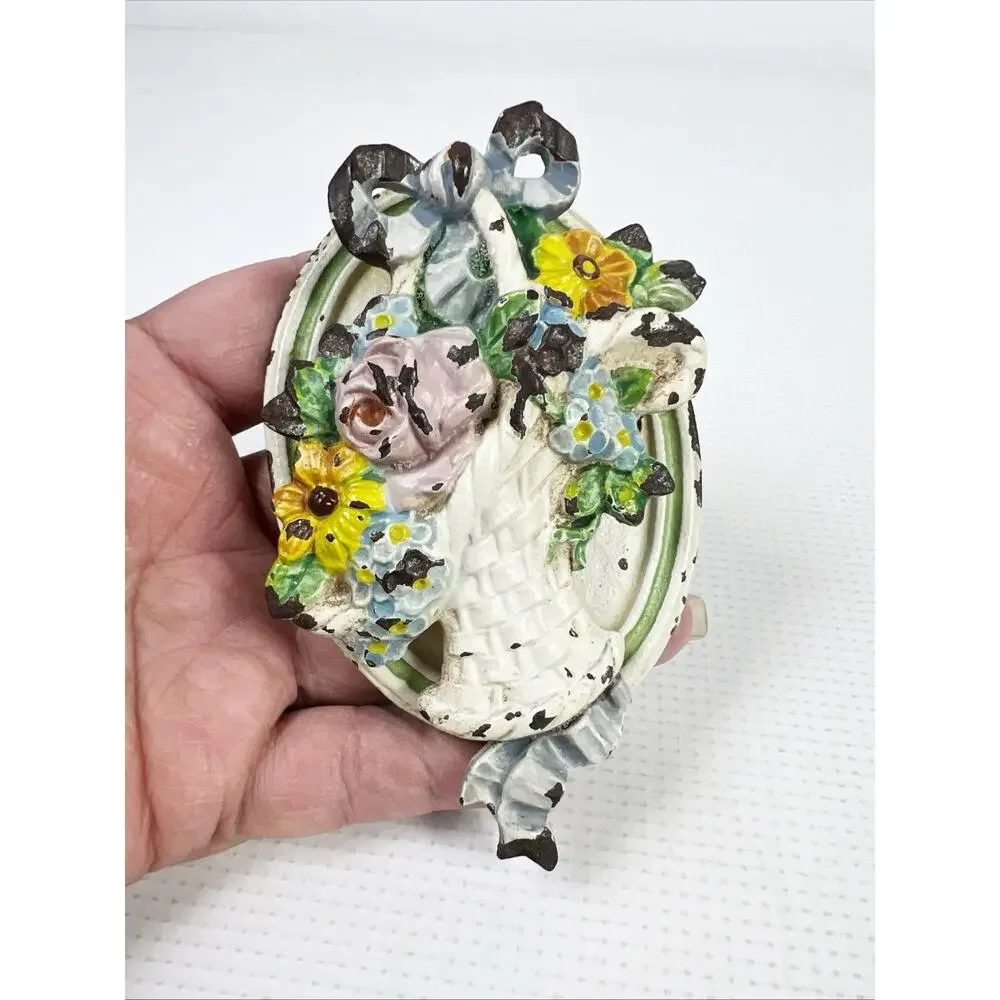 Vintage Cast Iron Flower Basket Door Knocker Cottage Wall Decor Flowers Ribbon